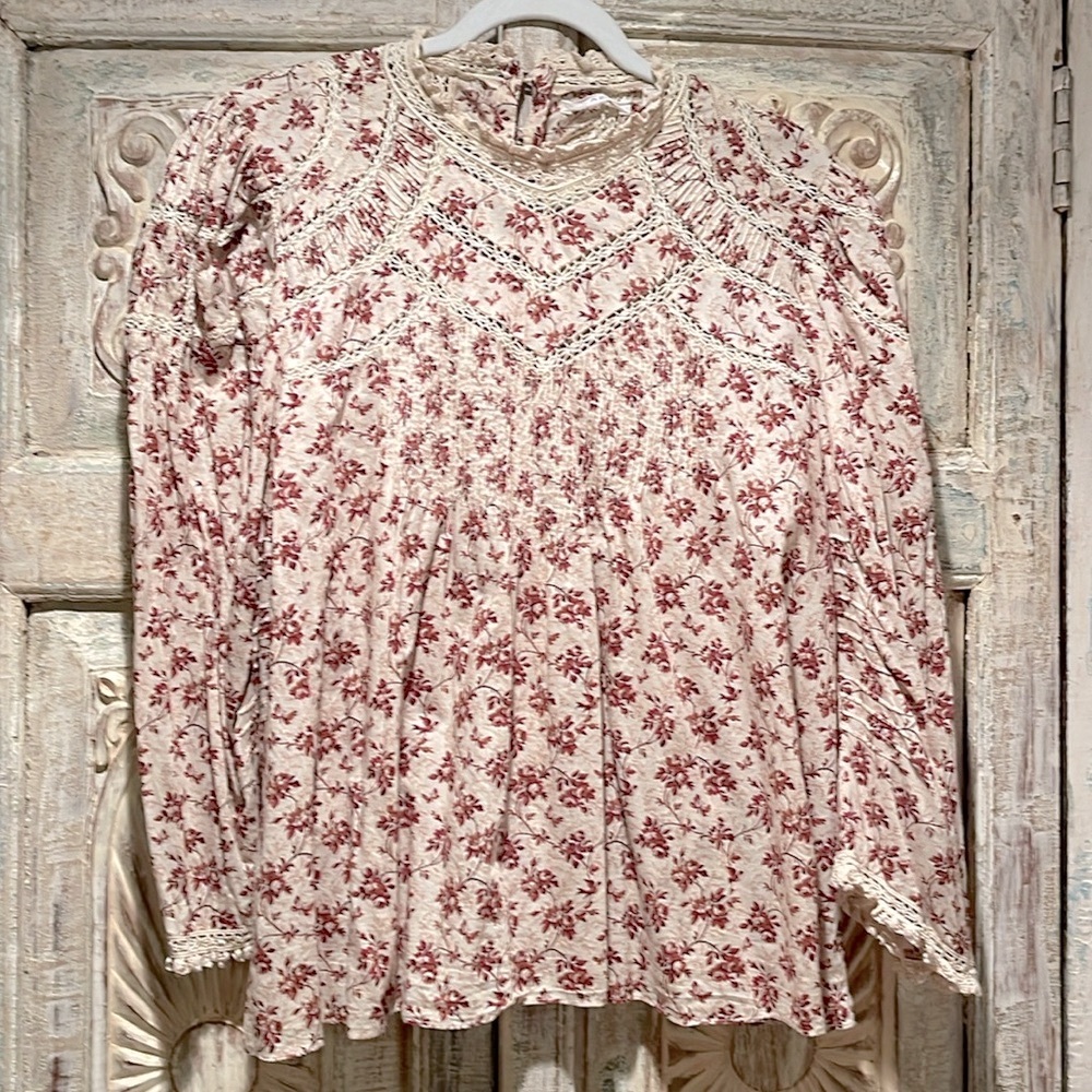 EUC DÔEN Annette Crochet Lace-Trimmed Pintuck Floral-Cotton Top /XXL/